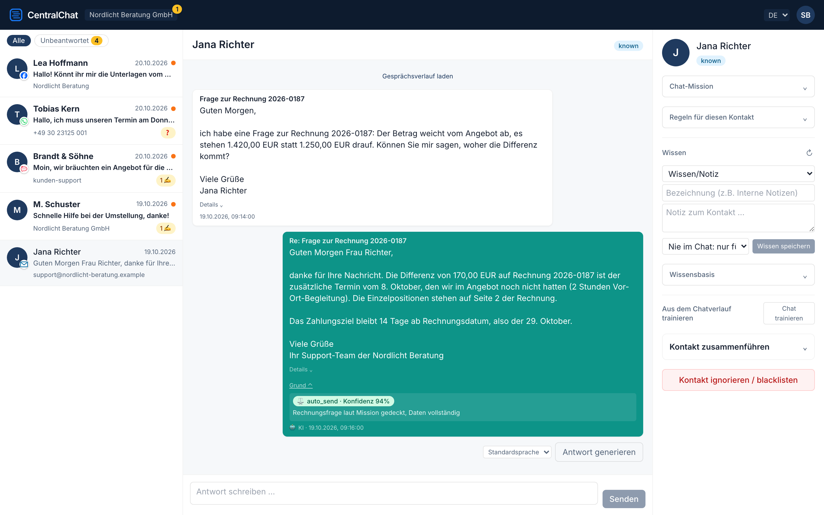 Chat with an invoice question: the agent sent the reply itself, below it the judge decision with confidence and reason