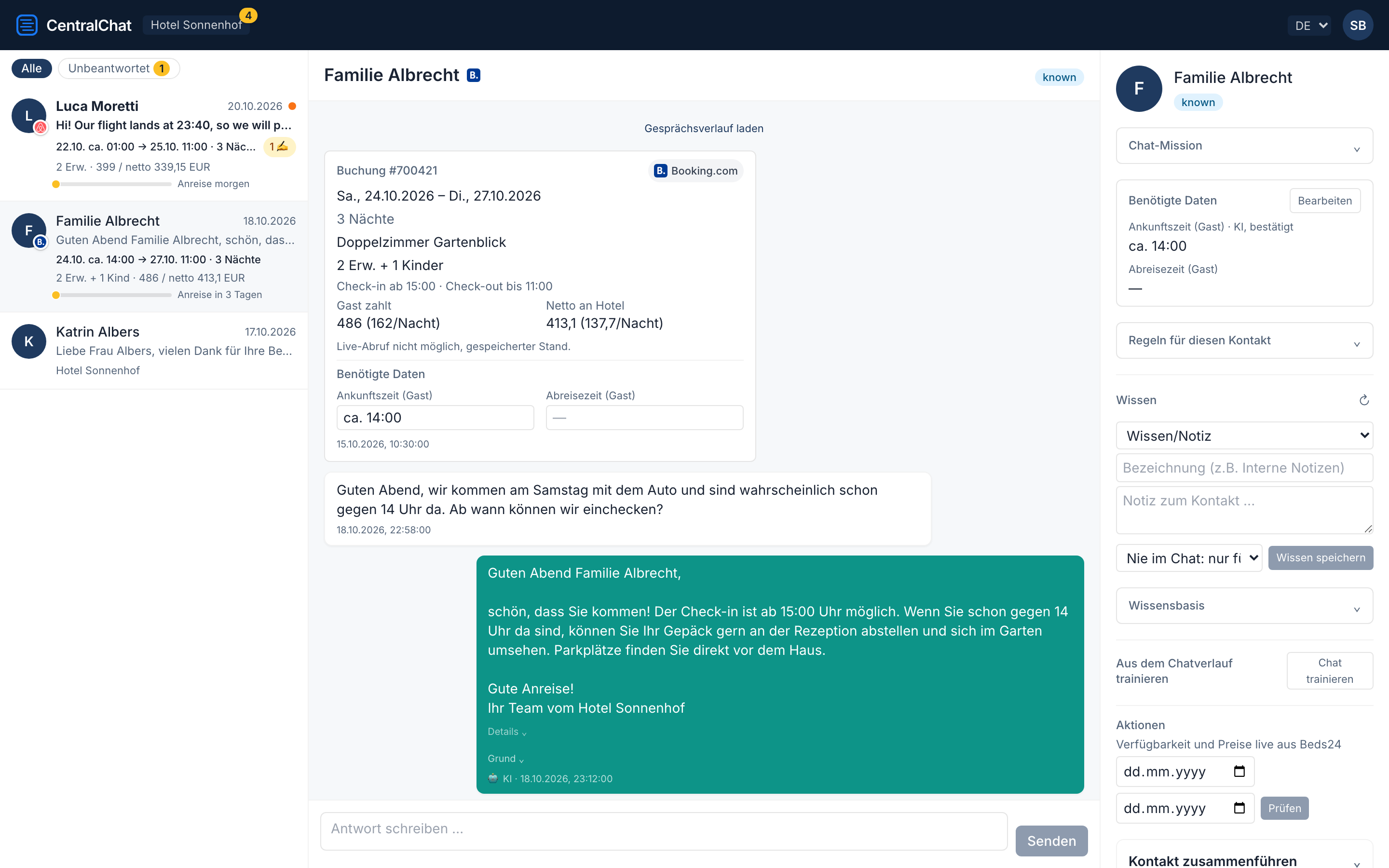 Hotel guest chat with booking card: dates, nights, guests, guest pays and net to hotel, below it the reply the agent sent at night