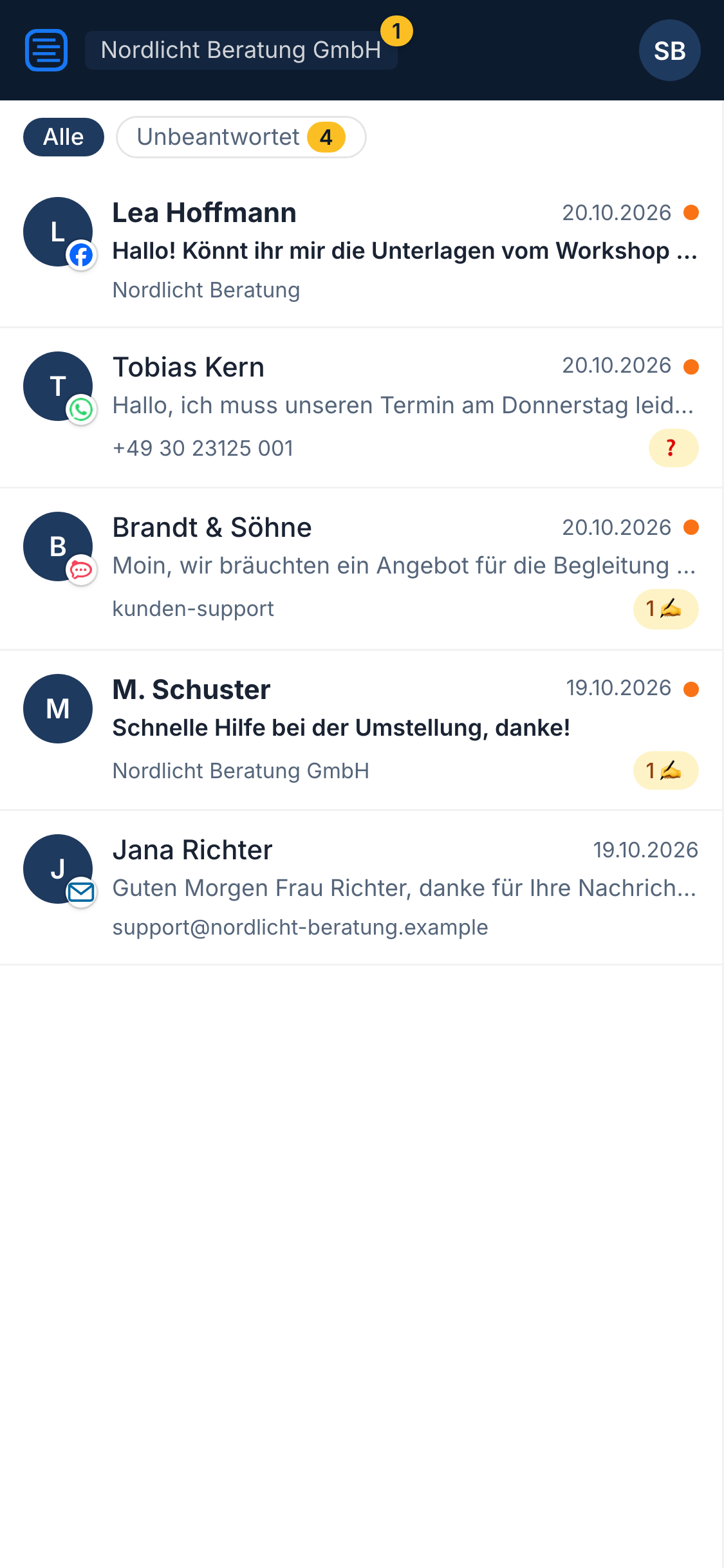 CentralChat inbox on a phone: the same chat list in the mobile view