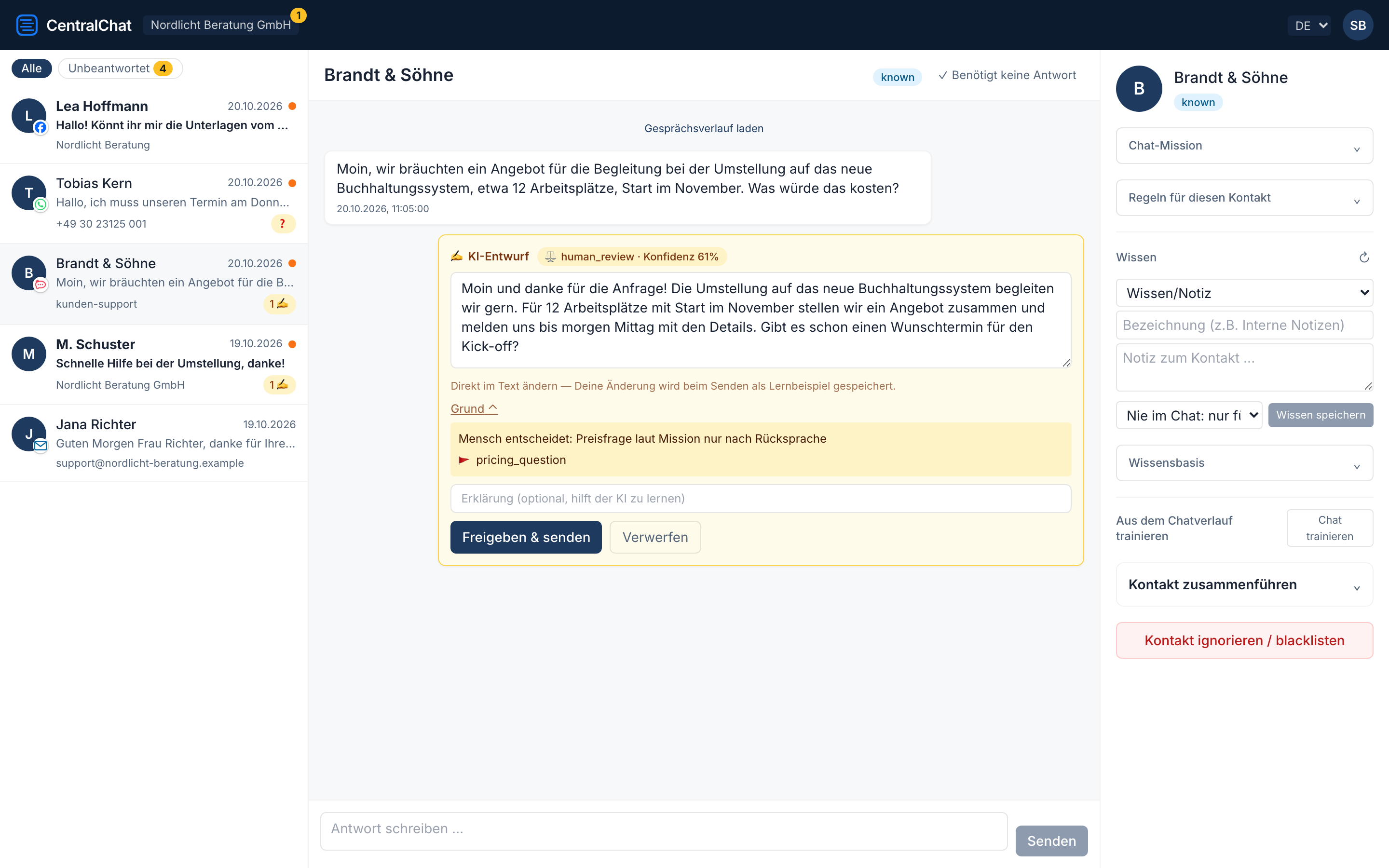 Chat with a quote request: the draft sits in amber in the text field, the judge explains why a human decides